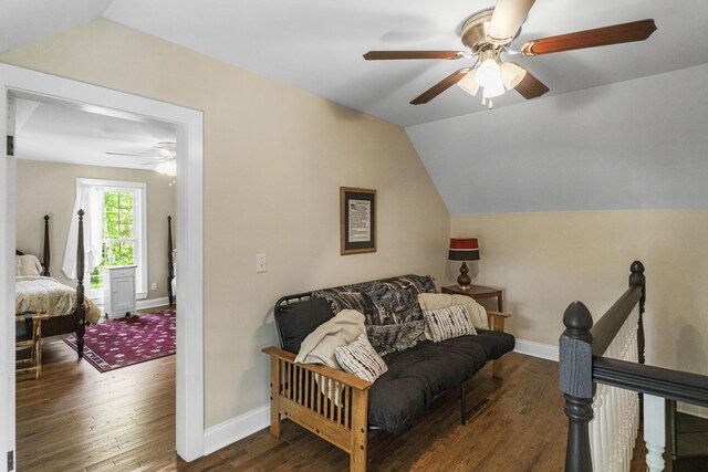29 Roger Monk Rd, Petersburg, TN 37144 - living area with ceiling fan, wood finished floors, vaulted ceiling, baseboards, and an upstairs landing