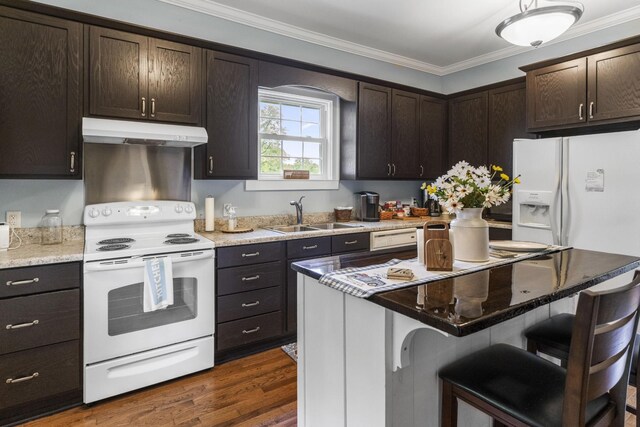 29 Roger Monk Rd, Petersburg, TN 37144 - kitchen with white appliances, under cabinet range hood, a sink, a breakfast bar area, and dark brown cabinets