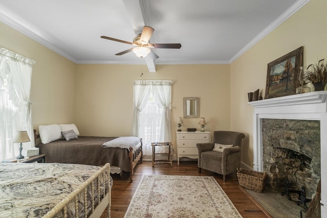29 Roger Monk Rd, Petersburg, TN 37144 - bedroom featuring dark wood-type flooring, crown molding, a fireplace with flush hearth, and ceiling fan