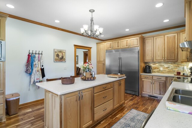 29 Roger Monk Rd, Petersburg, TN 37144 - kitchen featuring stainless steel built in refrigerator, ornamental molding, dark wood-style floors, recessed lighting, and a chandelier
