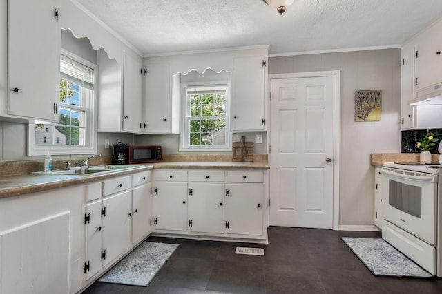 1818 Morningside Ave, Columbia, TN 38401 - kitchen featuring white electric stove, black microwave, plenty of natural light, white cabinetry, and a textured ceiling