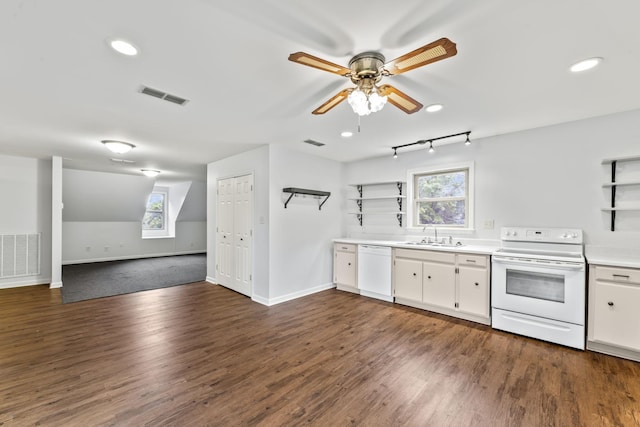 4312 Seminary Rd, Smyrna, TN 37167 - kitchen with white appliances, open shelves, dark wood-style flooring, light countertops, and ceiling fan