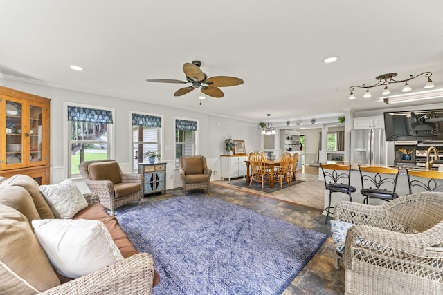4312 Seminary Rd, Smyrna, TN 37167 - living area featuring ornamental molding, ceiling fan, recessed lighting, and stone finish floors