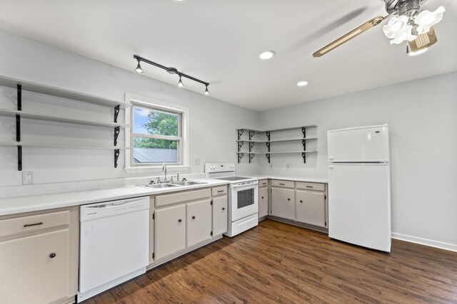 4312 Seminary Rd, Smyrna, TN 37167 - kitchen with open shelves, white appliances, a sink, a ceiling fan, and dark wood-style flooring