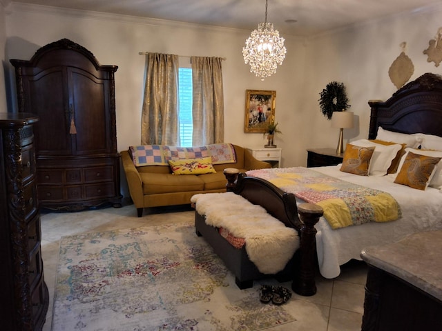 900 Sorghum Hollow Rd, Pulaski, TN 38478 - bedroom featuring a chandelier, crown molding, and light tile patterned floors