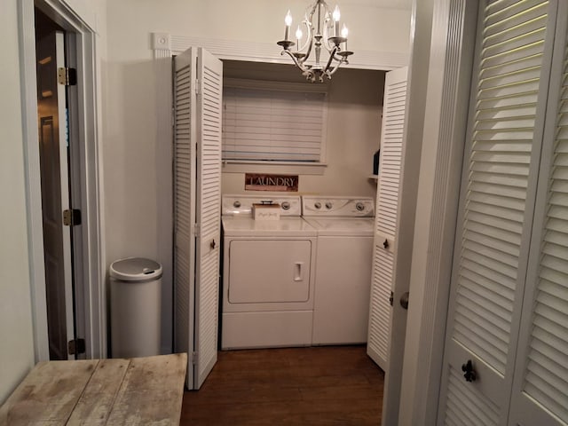 900 Sorghum Hollow Rd, Pulaski, TN 38478 - laundry area with separate washer and dryer, a chandelier, and dark wood-style floors