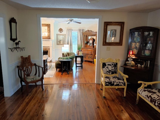 900 Sorghum Hollow Rd, Pulaski, TN 38478 - living area with hardwood / wood-style flooring, a fireplace, and a ceiling fan