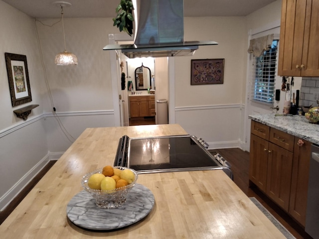 900 Sorghum Hollow Rd, Pulaski, TN 38478 - kitchen featuring wood counters, ventilation hood, range with electric cooktop, and wood finished floors
