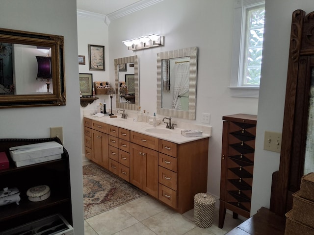 900 Sorghum Hollow Rd, Pulaski, TN 38478 - full bathroom with crown molding, double vanity, and tile patterned flooring