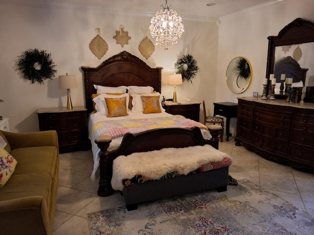 900 Sorghum Hollow Rd, Pulaski, TN 38478 - bedroom featuring light tile patterned flooring, ornamental molding, and a chandelier