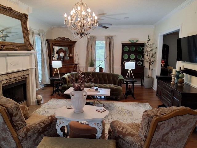 900 Sorghum Hollow Rd, Pulaski, TN 38478 - living room with a ceiling fan, a premium fireplace, wood finished floors, ornamental molding, and a chandelier