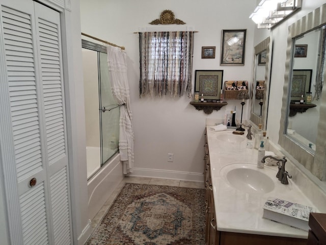 900 Sorghum Hollow Rd, Pulaski, TN 38478 - bathroom with a closet, double vanity, shower / bath combination with curtain, and tile patterned floors