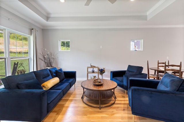 111 Madeleine Way, Kingston Springs, TN 37082 - living room featuring a tray ceiling, light wood-style flooring, crown molding, recessed lighting, and a ceiling fan