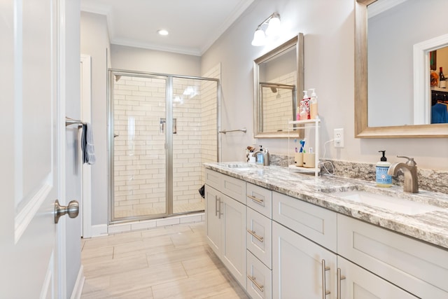 111 Madeleine Way, Kingston Springs, TN 37082 - full bath with double vanity, a stall shower, crown molding, and recessed lighting