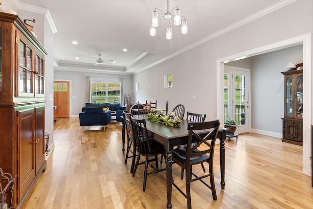 111 Madeleine Way, Kingston Springs, TN 37082 - dining area with light wood finished floors, crown molding, recessed lighting, baseboards, and a ceiling fan