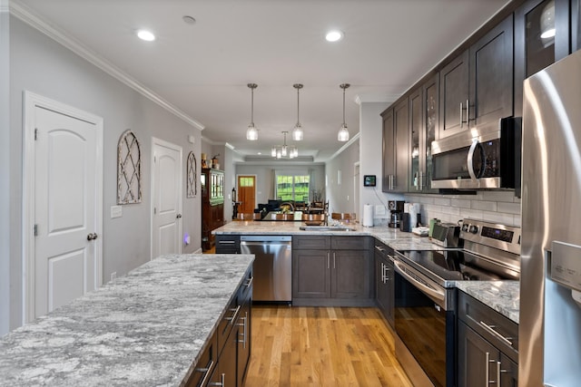 111 Madeleine Way, Kingston Springs, TN 37082 - kitchen with appliances with stainless steel finishes, crown molding, dark brown cabinetry, light wood-style flooring, and recessed lighting