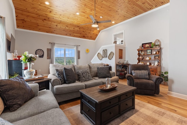 111 Madeleine Way, Kingston Springs, TN 37082 - living area featuring ornamental molding, a ceiling fan, wooden ceiling, light wood-style floors, and baseboards