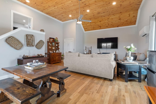 111 Madeleine Way, Kingston Springs, TN 37082 - dining space featuring ornamental molding, wood ceiling, ceiling fan, an AC wall unit, and light wood finished floors