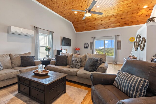 111 Madeleine Way, Kingston Springs, TN 37082 - living room featuring an AC wall unit, wooden ceiling, crown molding, vaulted ceiling, and healthy amount of natural light