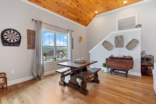 111 Madeleine Way, Kingston Springs, TN 37082 - dining room with crown molding, wooden ceiling, light wood-type flooring, lofted ceiling, and baseboards