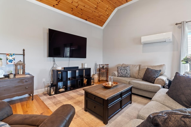 111 Madeleine Way, Kingston Springs, TN 37082 - living area with a wall unit AC, crown molding, vaulted ceiling, wooden ceiling, and light wood-style flooring