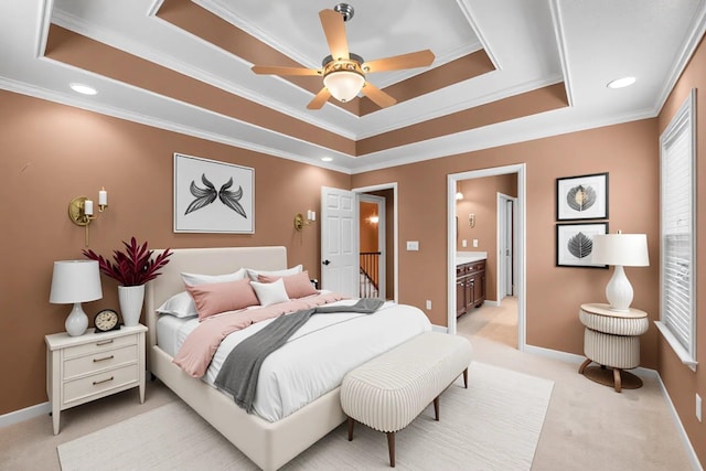 9244 Sedman Rd, Hixson, TN 37343 - bedroom with a raised ceiling, light carpet, ornamental molding, baseboards, and recessed lighting