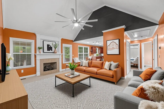 9244 Sedman Rd, Hixson, TN 37343 - living room featuring ceiling fan, carpet floors, vaulted ceiling, attic access, and baseboards