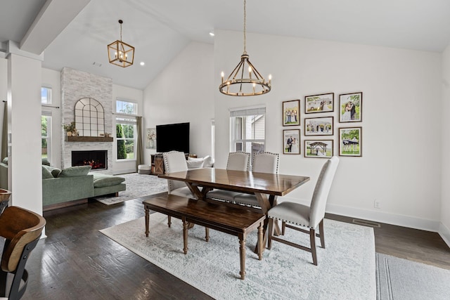 904 Park Crest Ct, Mount Juliet, TN 37122 - dining area with a chandelier, high vaulted ceiling, healthy amount of natural light, and dark wood-style floors