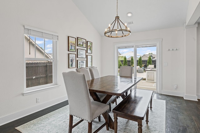 904 Park Crest Ct, Mount Juliet, TN 37122 - dining space featuring a chandelier, dark wood-style flooring, baseboards, and lofted ceiling