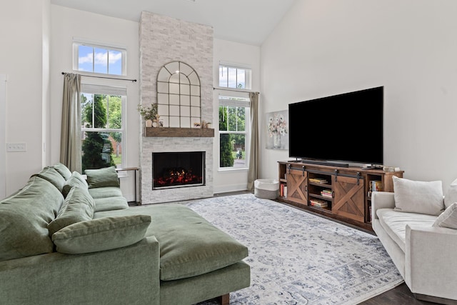 904 Park Crest Ct, Mount Juliet, TN 37122 - living area with high vaulted ceiling, a stone fireplace, and wood finished floors