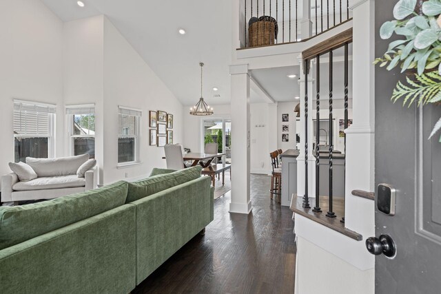904 Park Crest Ct, Mount Juliet, TN 37122 - living room featuring a towering ceiling, dark wood-style flooring, recessed lighting, and a chandelier