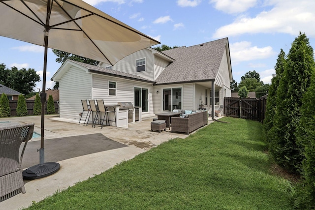 904 Park Crest Ct, Mount Juliet, TN 37122 - back of house with an outdoor living space, a patio area, a shingled roof, a gate, and a swimming pool