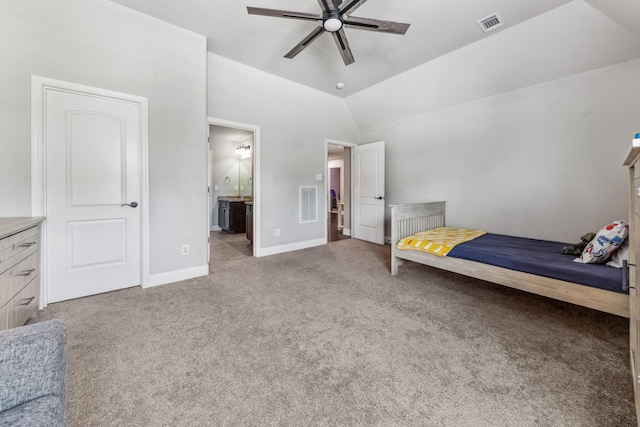 705 Rain Meadow Ct, Spring Hill, TN 37174 - bedroom featuring carpet flooring, vaulted ceiling, connected bathroom, and a ceiling fan