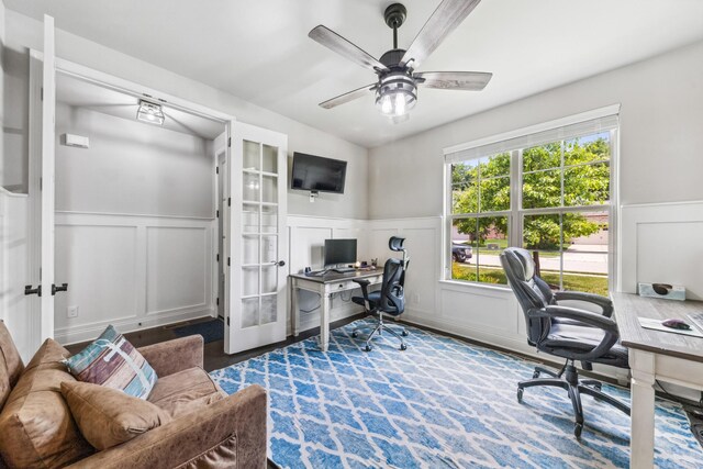 705 Rain Meadow Ct, Spring Hill, TN 37174 - office area with french doors, a decorative wall, a wainscoted wall, and a ceiling fan