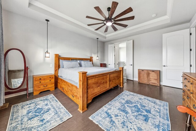 705 Rain Meadow Ct, Spring Hill, TN 37174 - bedroom with a raised ceiling, crown molding, dark wood finished floors, and a ceiling fan
