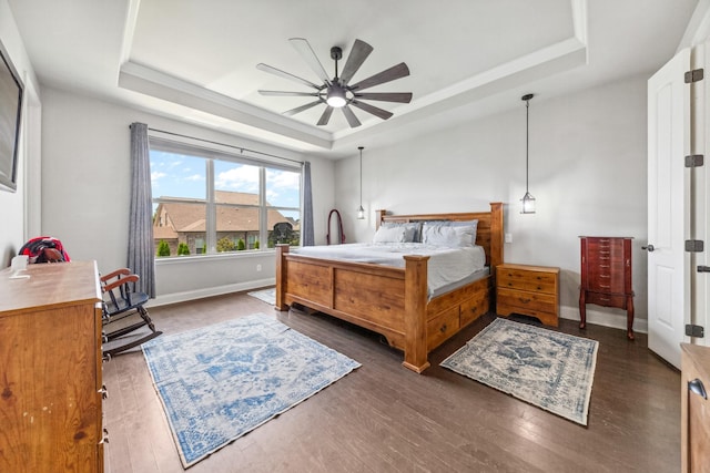 705 Rain Meadow Ct, Spring Hill, TN 37174 - bedroom with a tray ceiling, dark wood-style floors, and a ceiling fan