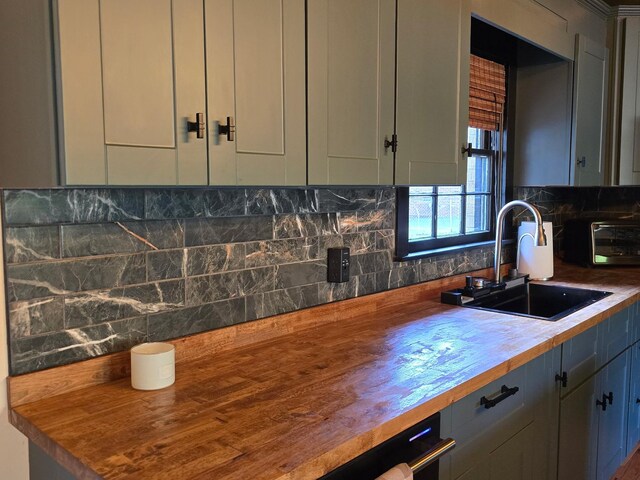 371 Leader Dr, New Johnsonville, TN 37134 - kitchen with backsplash and wooden counters