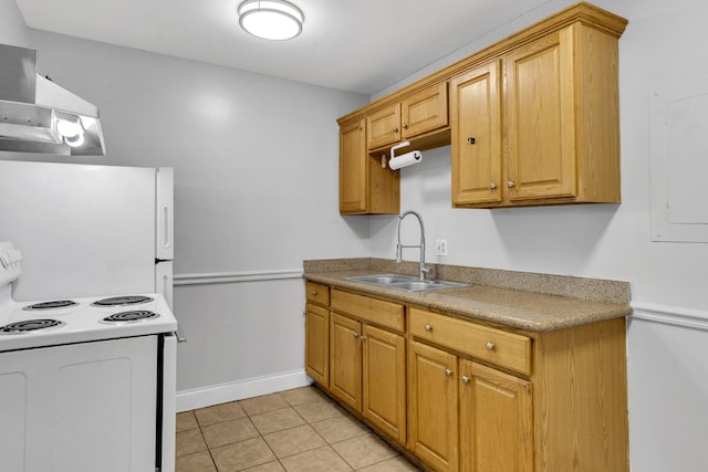 2134 Fairfax Ave Unit A1, Nashville, TN 37212 - kitchen featuring white range with electric cooktop, wall chimney range hood, a sink, light tile patterned floors, and baseboards