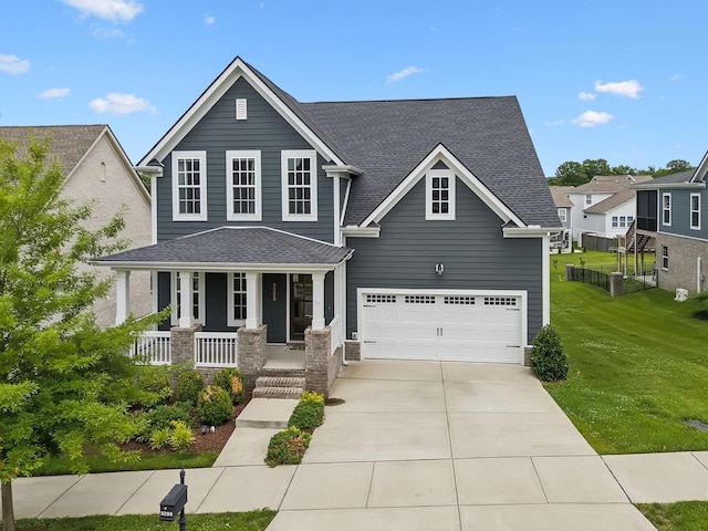 3298 Vinemont Dr, Thompsons Station, TN 37179 - view of front facade featuring covered porch, a front lawn, roof with shingles, and driveway