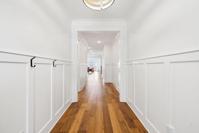 3298 Vinemont Dr, Thompsons Station, TN 37179 - corridor with a decorative wall, hardwood / wood-style flooring, ornamental molding, and a wainscoted wall