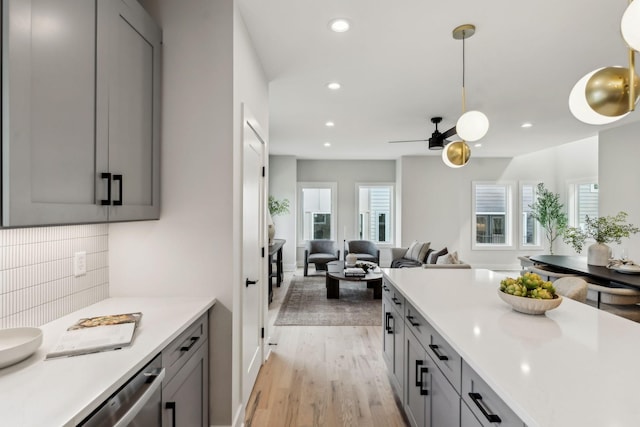 6124 Robertson Ave Unit 3, Nashville, TN 37209 - kitchen featuring gray cabinets, recessed lighting, decorative backsplash, light countertops, and open floor plan