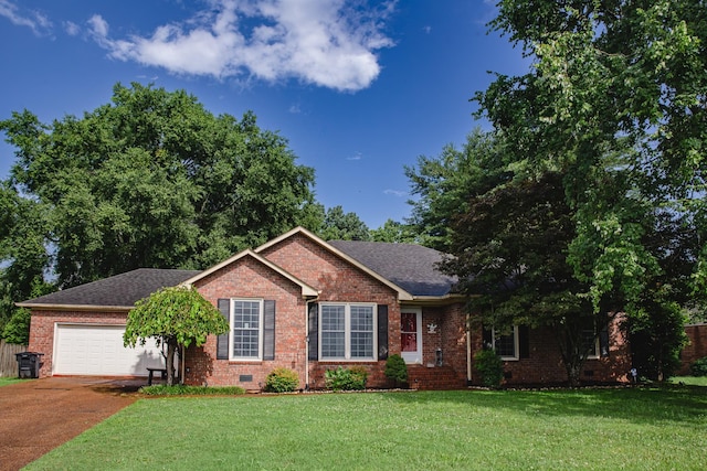 2014 Saddlebrook Dr, Murfreesboro, TN 37129 - ranch-style home with brick siding, driveway, a front yard, an attached garage, and crawl space