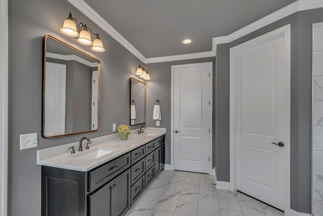 1132 Pretender Way, Columbia, TN 38401 - full bath with double vanity, marble look tiles, recessed lighting, crown molding, and baseboards