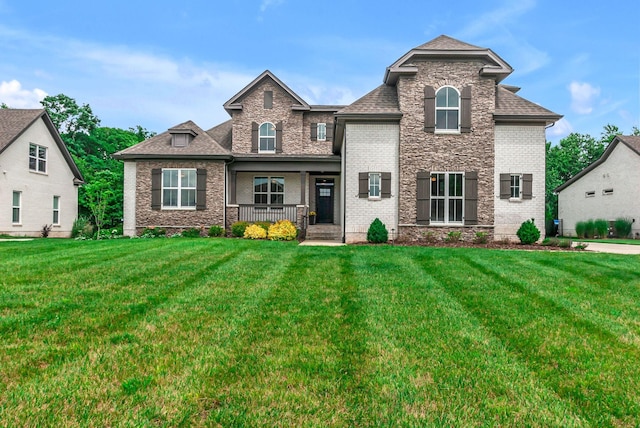 1132 Pretender Way, Columbia, TN 38401 - french country home featuring a porch, a front lawn, brick siding, and roof with shingles