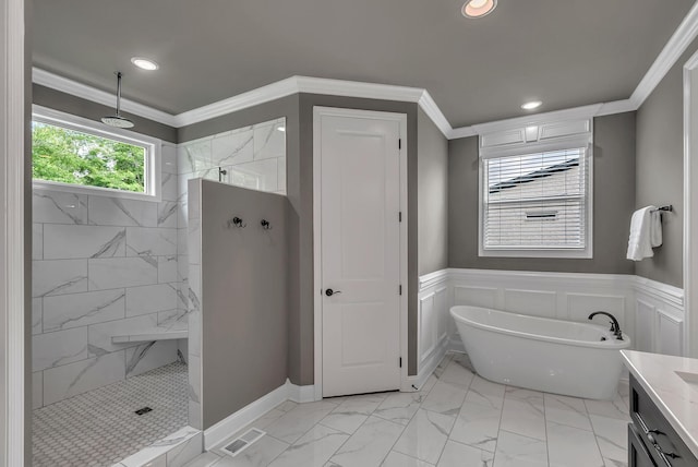1132 Pretender Way, Columbia, TN 38401 - full bath with marble look tile flooring, a freestanding tub, walk in shower, vanity, and crown molding