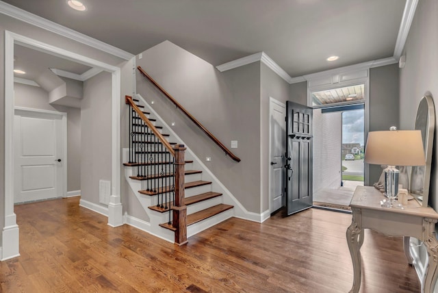 1132 Pretender Way, Columbia, TN 38401 - foyer with crown molding, stairway, wood finished floors, baseboards, and recessed lighting