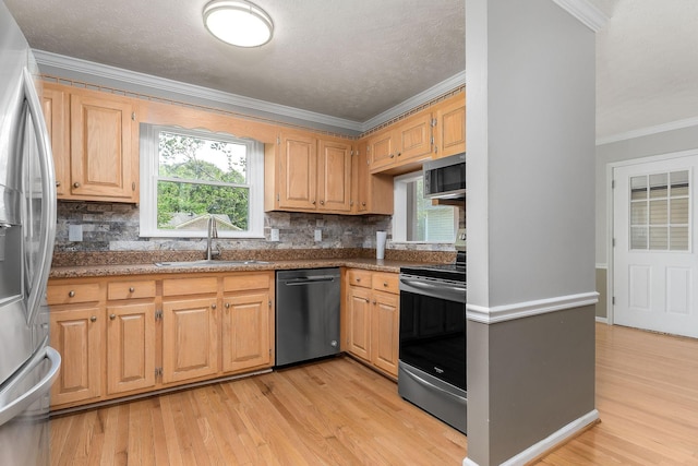 829 Navajo Trl, Mcminnville, TN 37110 - kitchen with stainless steel appliances, a sink, crown molding, light wood-type flooring, and backsplash