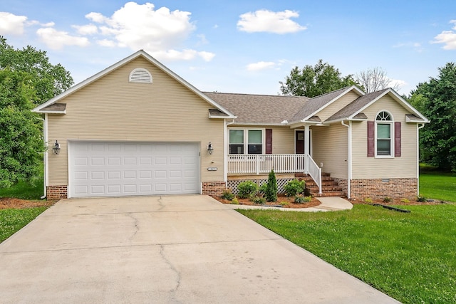 829 Navajo Trl, Mcminnville, TN 37110 - ranch-style home with a porch, a front lawn, driveway, a garage, and roof with shingles