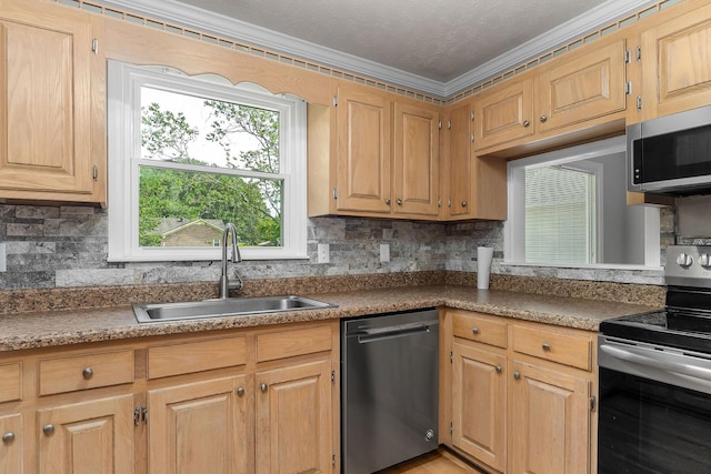 829 Navajo Trl, Mcminnville, TN 37110 - kitchen featuring stainless steel appliances, a sink, decorative backsplash, and crown molding
