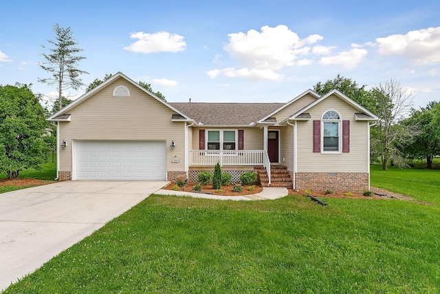 829 Navajo Trl, Mcminnville, TN 37110 - ranch-style home with an attached garage, covered porch, driveway, a front yard, and a shingled roof